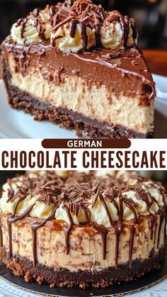 two different views of a cheesecake with chocolate and cream toppings on the top