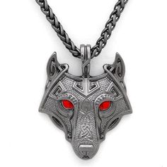 Pendants & Necklaces Red Eyes / Silver Norse Eye Colored Wolf Pendant Necklace Ancient Treasures Ancientreasures Viking Odin Thor Mjolnir Celtic Ancient Egypt Norse Norse Mythology Norse Fenrir, Wolf Pendant Necklace, Viking Wolf, Wolf Eyes, Amulet Charm, Wolves Pendants, Wolf Necklace, Head Necklace, Viking Pendant