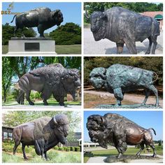 four different images of statues of buffalos