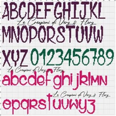 a cross stitch alphabet with letters and numbers on it, all in different colors to spell out