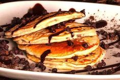 pancakes with chocolate chips in a white bowl