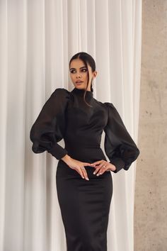 Luxury Satin Bishop Sleeve Dress, Luxury Black Puff Sleeve Formal Dress, Luxury Satin Puff Sleeve Elegant Dress, Luxury Black Puff Sleeve Dress With Elastic Sleeves, Luxury Black Puff Sleeve Dress For Work, Luxury Black Bishop Sleeve Dress, Luxury Satin Finish Dress For Banquet, Satin Bodycon Dress With Sleeve, Dress With Organza Sleeves