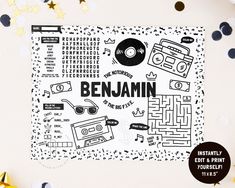 a paper cutout with the word benjamin on it and various items surrounding it