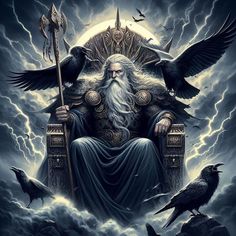 a man sitting on top of a throne surrounded by crows and lightnings in the sky