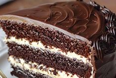 a slice of chocolate cake on a white plate