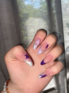 star nails Purple Nails With Stars, Purple Star Acrylic Nails, Colorful Stars Nails, Multicoloured Star Nails, Olivia Rodrigo Nails, Mazzy Star Purple Nails, Magenta Nails, Short French Nails, White French Nails