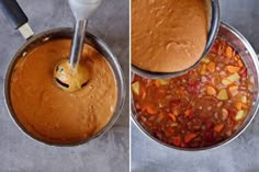 two pictures side by side showing the process of making baked beans and carrots in a saucepan