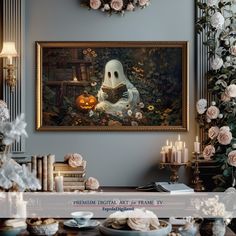 there is a painting on the wall with flowers and candles in front of it that has a ghost reading a book