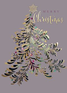 a merry christmas card with a gold and green tree on the left side, surrounded by glitter