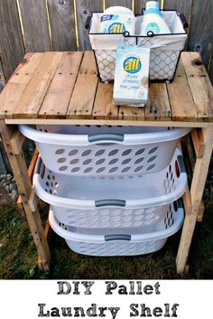 a diy pallet laundry shelf with two baskets on top