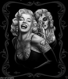 marilyn monroe with a skeleton on her shoulder