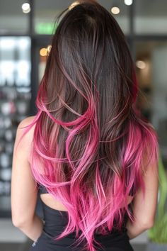 33 Pink Balayage on Brunette Hairstyle Ideas That Are Perfectly Pretty Pink Highlight In Brown Hair, Dark Pink Streaks In Brown Hair, Rose Gold Balayage Black Hair, Pink Hair Underneath Black, Dark Hair With Pink Underneath, Brown Hair And Pink Highlights, Pink Hair Balayage Brown, Brown Hair With Coloured Highlights, Pink Hair Dye On Brown Hair