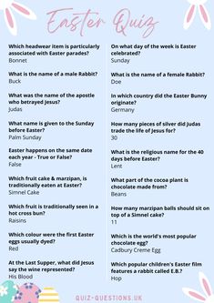 an easter quiz is shown with the words, which are in pink and blue colors