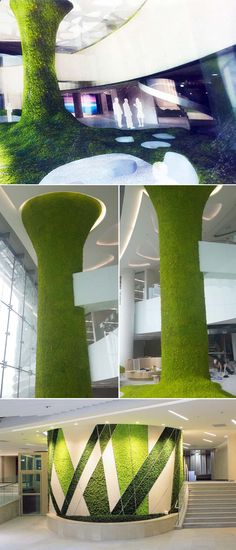 the inside and outside of a building with grass growing on it