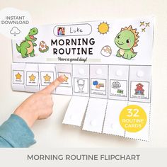 a hand pointing at a morning routine on a bulletin board