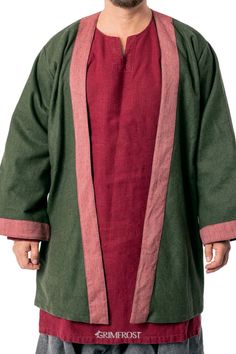 Comfortable and great looking Viking Age coat made from durable wool. It is trimmed with fine herringbone wool to give it an authentic look. The coat is based on the find from Hedeby, but the design is also seen on period images, such as jewelry and the famous helmet bronze plates from Vendel in Sweden. Wear it with a belt and a linen undertunic. The design is spacious enough to wear over a wool tunic during colder weather. The coat is made from recycled wool. #grimfrost Middle Ages Clothing, Wool Tunic, Viking Tunic, On Period, Aged Clothing, Viking Clothing, Cool Coats, Viking Age, Green Coat