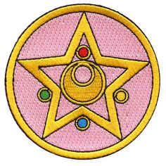 a pink and yellow patch with a star in the center, surrounded by small circles