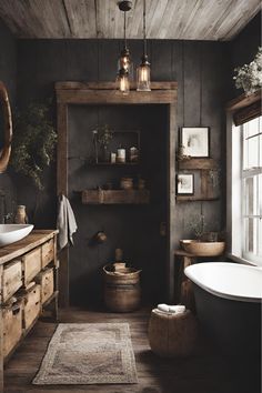 an old fashioned bathroom with wooden floors and walls