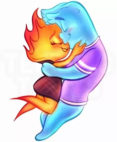 a drawing of two people hugging each other with fire coming out of their mouths and arms