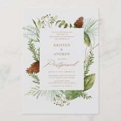 a wedding card with pine cones and greenery