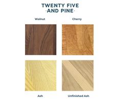 the different types of wood are shown in this brochure, including walnut, cherry, and unfinished ash