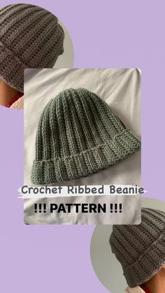 two hats with the words crochet ribbed beanie pattern