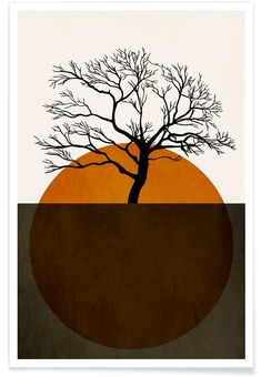 a tree with no leaves in front of an orange and black circle on a white background