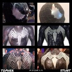 the amazing spider - man costume is shown in four different pictures, each with an intricate pattern on its chest