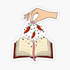 an open book with chili peppers on it being held by someone's hand sticker