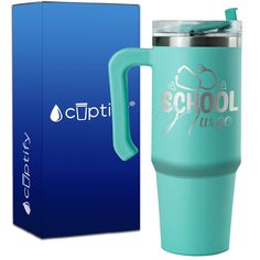 a blue cup next to a box with the word school nurse on it