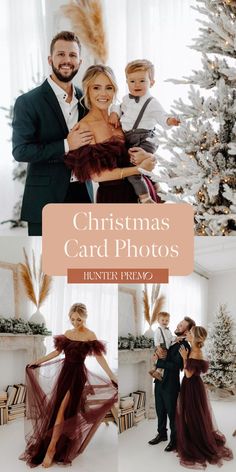 christmas card photos with two people and a baby in front of a christmas tree,