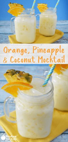 orange, pineapple and coconut mocke cocktail in mason jars