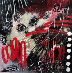 an abstract painting with black, white and red colors