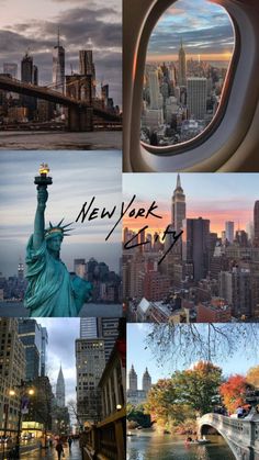 the new york city skyline is shown in this collage with photos taken from an airplane