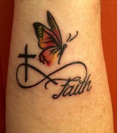 a tattoo with a butterfly and the word faith on it