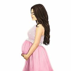 a drawing of a pregnant woman in a pink dress with her hand on her belly