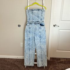 Nwt; Denim Jumpsuit; Sleeveless; Zipper Back; Straight Legs Denim Jumpsuit, Pant Jumpsuit, Jumpsuit Romper, Straight Leg, Color Blue, Pants For Women, Jumpsuit, Rompers, Zipper