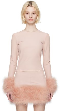 Stretch nylon- and viscose-blend milano jersey top. · Crewneck · Turkey feather trim at cuffs Supplier color: Powder pink Trim: 100% turkey feather. Pink Turkey, Ribbon Feather, Feather Skirt, Turkey Feathers, Feather Trim, Pink Trim, Sewing Skirts, Color Powder, Stretch Top