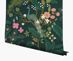 a green wallpaper with flowers, leaves and a peacock on it's back