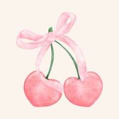 two cherries tied together with a pink ribbon and bow on top of each other