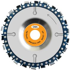 an orange and white diamond sawing blade with black tips on the center wheel, showing three holes in each side