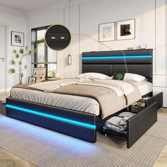 a bed with blue lights on it in a room next to a dresser and window