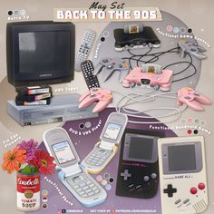 the back to the 90's poster shows several electronic gadgets and games, including an old nintendo game boy