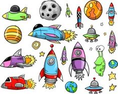 an assortment of cartoon rockets and space shuttles