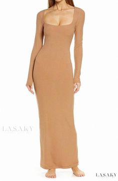 Lasaky - Luxurious Long Gown with Scoop Neck and Flowing Sleeves Chic Bodycon Dress, Fitted Bodycon Dress, Womens Long Dresses, Basic Skirt, Nude Dress, Silk Dress Long, Fitted Midi Dress, Sleeveless Bodycon Dress, Women Long Sleeve Dress