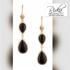 Rivka Friedman Inverted Teardrop Onyx Earring Elegant Black Drop Jewelry, Elegant Black Long Drop Jewelry, Black Teardrop Earrings For Evening, Black Teardrop Earrings For Formal Occasions, Elegant Black Teardrop Earrings For Parties, Elegant Black Teardrop Earrings, Black Teardrop Fine Jewelry Earrings, Pierced Onyx Drop Earrings, Modern Onyx Drop Earrings