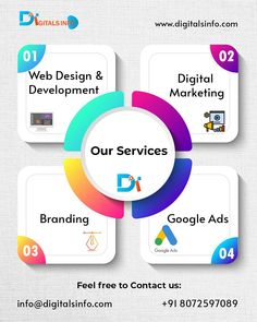 four circles with the words web design and development on them, all in different colors