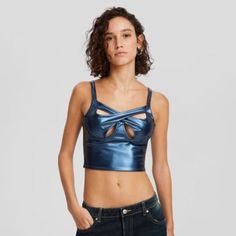 Metallic Faux Leather Crop Top With Cut-Out Detail Color: Navy Size: S Material: Elastane;Polyurethane;Polyester New With Tag. Measurement On Photos. Summer Party Faux Leather Tops, Spring Party Faux Leather Tops, Leather Crop Top, Cropped Tops, Top Cropped, Blue Star, Royal Blue, Going Out, Cut Out