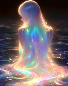 a woman is sitting in the water with her back to the camera and glowing hair