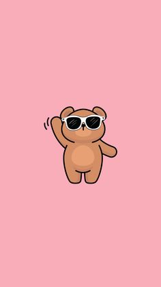 a brown teddy bear wearing sunglasses on top of a pink background